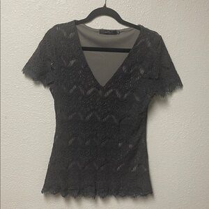 BKE Lace V-Neck Blouse - Charcoal